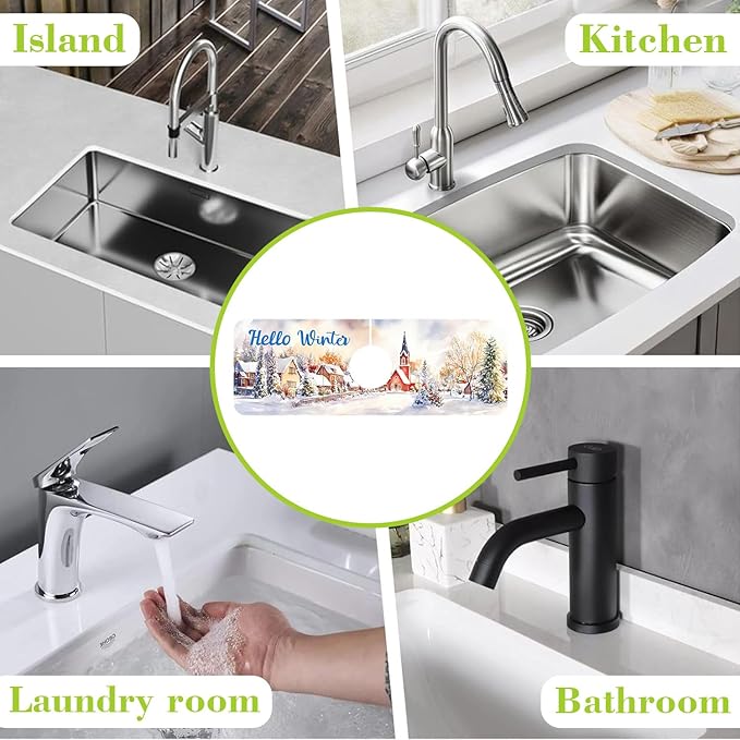 Chrismas Sink Faucet Absorbing Mat Hello Winter Sink Splash Guard Drying Mat for Kitchen Bathroom Faucet Sinkmat 15.5"X5.5"