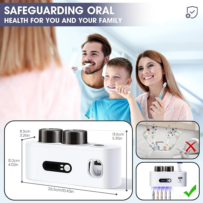 Toothbrush Holders Cleaner & Dryer for Bathroom,LXIANGN Smart Wall Mounted Toothbrush Holders with Countdown LED Screen,5 Toothbrush Slots,2 Cups and Toothpaste Dispenser (White)