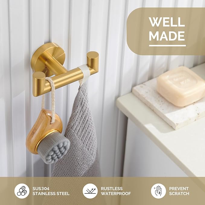 Angle Simple Bathroom Double Hook Brushed Dark Gold, SUS304 Stainless Steel Bath Towel Holder, Double Robe Hanger Wall Mount