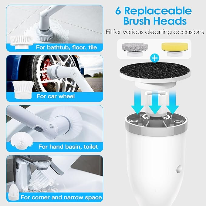 Electric Spin Scrubber,Cordless Cleaning Brush with 6 Replaceable Brush Heads,Electric Cleaning Brush Up to 400RPM Powerful Cleaning,Power Shower Scrubber for Bathroom,Kitchen, Floor,Tile,Car