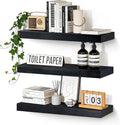 Floating Wall Shelves 24x6.8x1.7 Inch – Solid Wood Rustic Shelves in Black Finish – Wall Mounted Display Shelf for Bathroom, Kitchen, Bedroom – Set of 3
