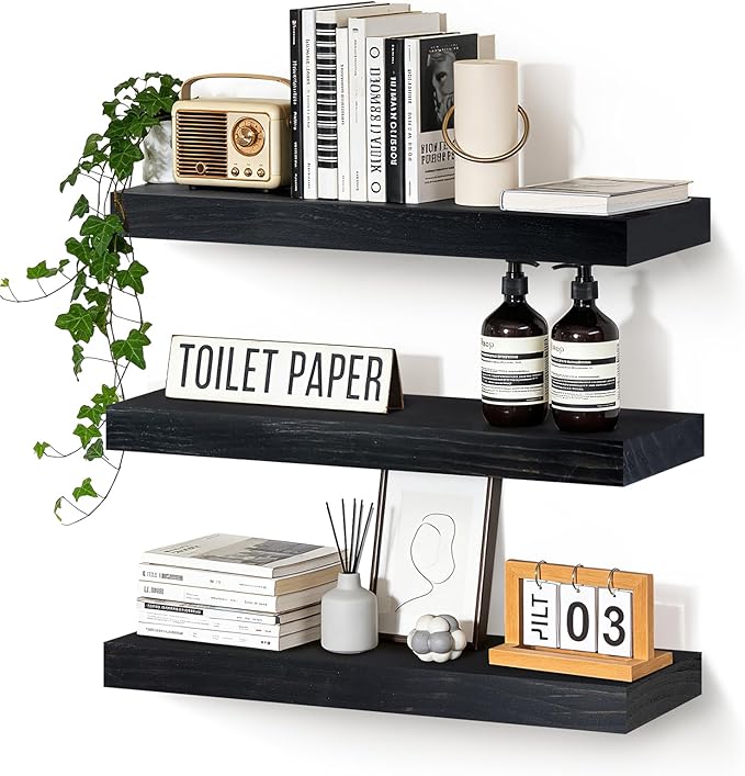 Floating Wall Shelves 24x6.8x1.7 Inch – Solid Wood Rustic Shelves in Black Finish – Wall Mounted Display Shelf for Bathroom, Kitchen, Bedroom – Set of 3