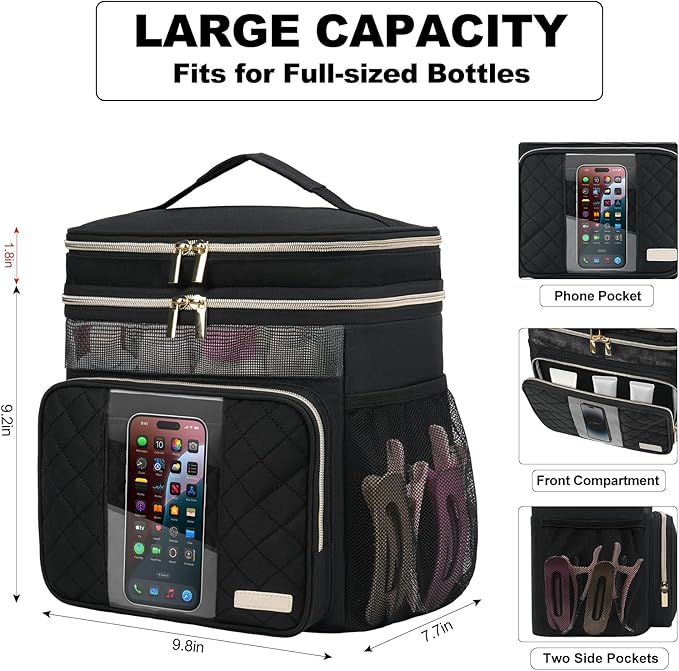 Large Toiletry Bag for Women Men, Portable Shower Caddy College Dorm Essentials, 2 Layers Quickly Dry Mesh Bathroom Tote Bag, Hanging Makeup Organizer Bag for Travel, Gym, Camping (Black)