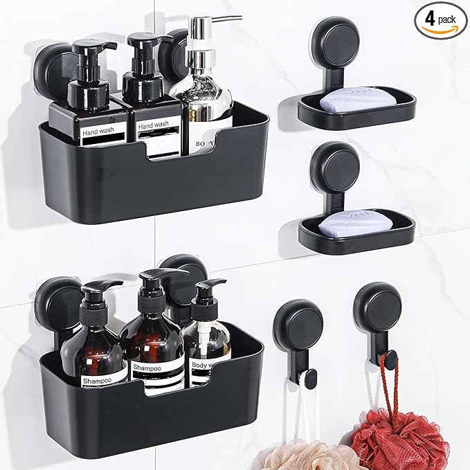 Shower Caddy, Bathroom Organizers and Storage, 6 Pack Adhesive Organizers and Storage with No Drilling Hanging Shower Shelf, Removable Plastic Bathroom Accessories, Black