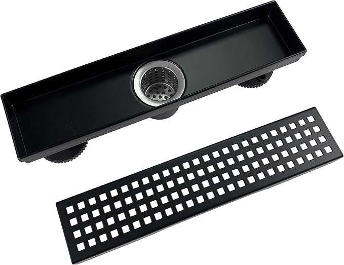 12 Inch Black Rectangular Shower Drain with Removable Quadrato Pattern Cover Grate Accessories and SUS304 Stainless Steel CUPC Certificate (12 inch)