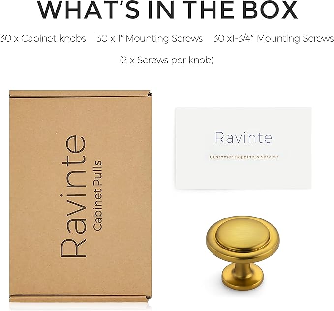 Ravinte 30 Pack 1-1/4 Inch Kitchen Cabinet Knobs Brushed Brass Zinc Pulls Door Handles for Dresser Drawers
