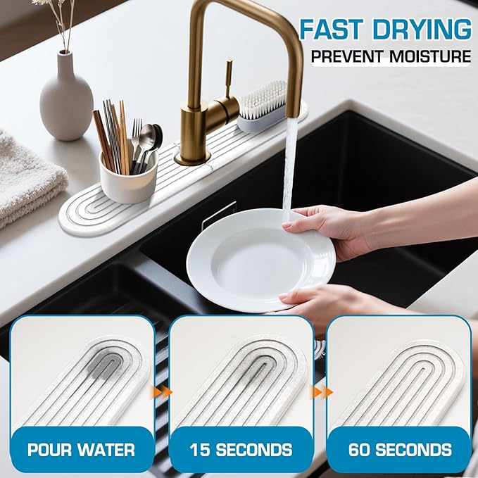 Diatomite Stone Faucet Mat For Kitchen Sink-Absorbent Fast Drying Stone Sink Tray,Faucet Splash Guard Counter,Quick Dry Sink Mat Around Faucet For Kitchen & Bathroom (white-Oval,15.7" x 4")