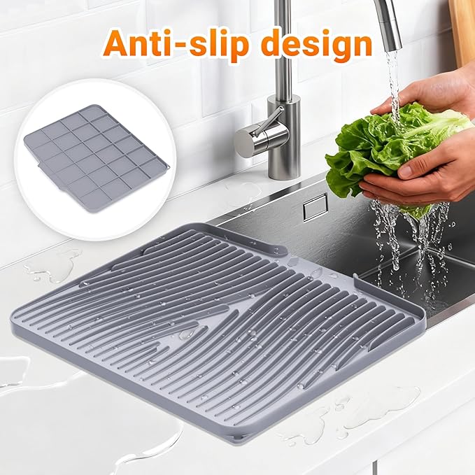 Silicone Dish Drying Mat for Kitchen Counter, 19.7" x 17" Dish Drying Pad, Non-Slip Drain Pad with Built-in Drain, Heat Resistant Stone Drying Mat, Grey