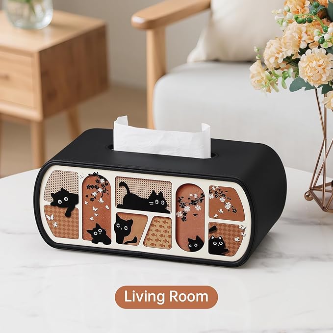 Kitty Cat Tissue Box Cover Rectangle, 4 Inches High Tissue Box Holder for 120(3-Ply)/160(2-Ply) Count Boxes, Stylish Curved Edge Tissue Holder for Bathroom Living Room Car Office (Black)