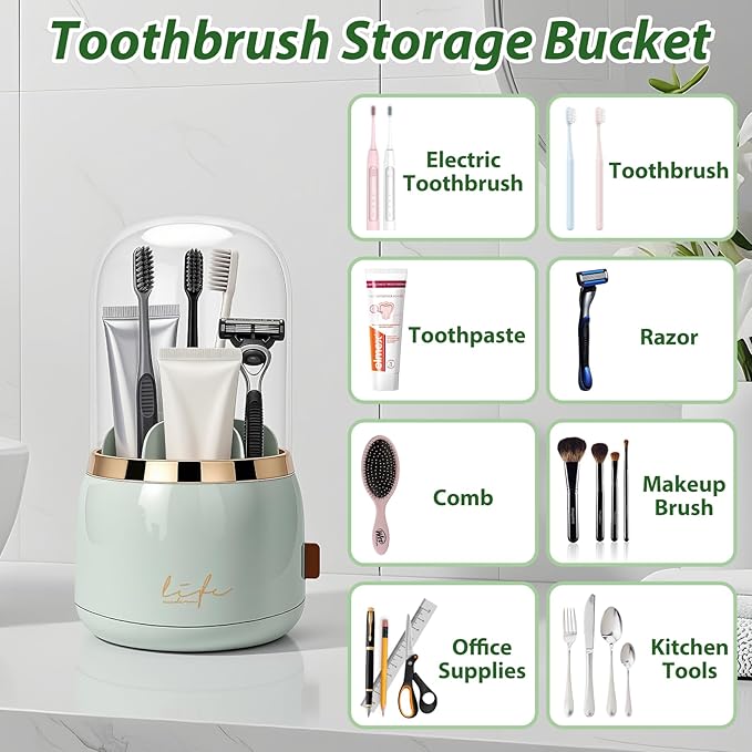 360 Rotating Toothbrush Holder with Cover, 7-Slot Bathroom Organizer with Drainage for Electric Toothbrushes & Toothpaste, Countertop Vanity Storage for Makeup Brushes