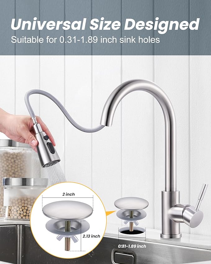 Kitchen Sink Hole Cover, 2 PCS Faucet Hole Cover for Kitchen Sink, Tap Hole Plate Stopper Cover Blanking Brass Metal Plug, Sink Countertop Hole Cap Cover, Brushed Stainless Steel