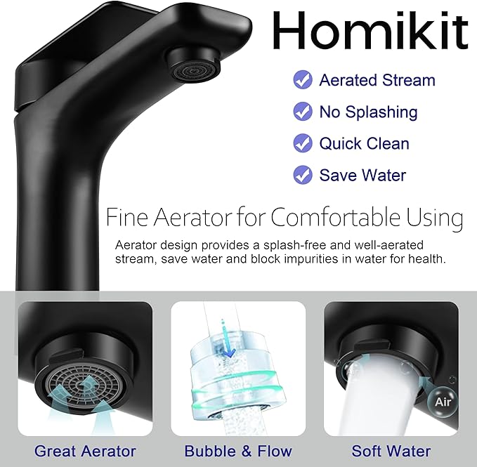 Homikit Matte Black Bathroom Faucet for 1 Hole or 3 Holes, 18/10 Stainless Steel Single Handle Bathroom Sink Faucets for RV Vanity Basin Lavatory Bath with Pop Up Drain & 2 Supply Hoses