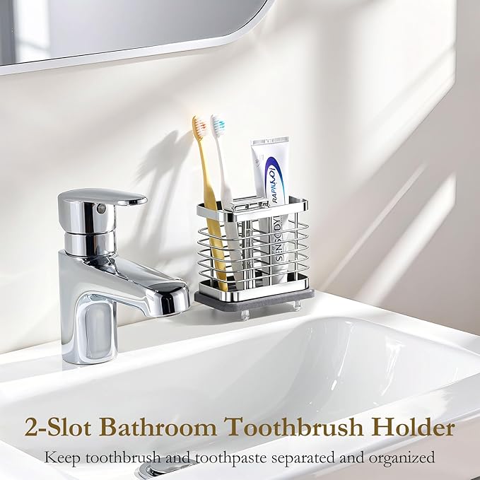 Shinowa Toothbrush Holder Wall Mounted for Bathroom, Stainless Steel Electric Toothbrush Toothpaste Holder with Fast Dry Tray, 2 Slots Adhesive and Countertop Bathroom Accessories Organizer, Silver