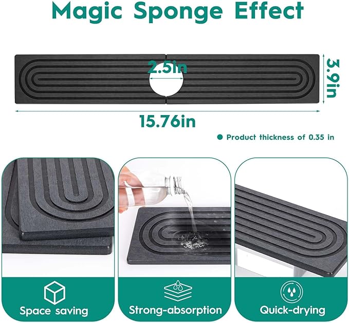 16 Inch Stone Faucet Mat for Kitchen Sink,Kitchen Sink Splash Guard-Water Absorbing Stone Tray for Sink,Super Absorbent, Diatomite Protector with Drainage for Kitchen Bathroom Counter(Dark Grey）
