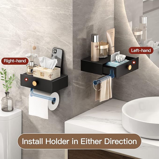 VOLDRA Toilet Paper Holder with Shelf Black Wipes Dispenser for Bathroom Stainless Steel Toilet Paper Holder with Storage Drawer Adhesive Wall Mount Small Bathroom Shelf