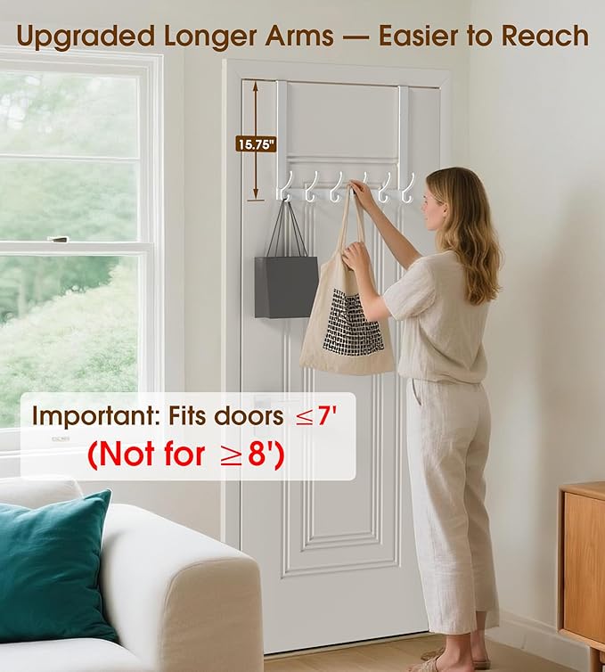 KitchLife Long Over The Door Hooks Hanger with 15.75" Extended Arms, Fits 1 3/8" Doors, F40U, 6 Double-Hanger Design Thickened Heavy Duty Bathroom Towel Rack Organization, Glossy White, 1 Pack