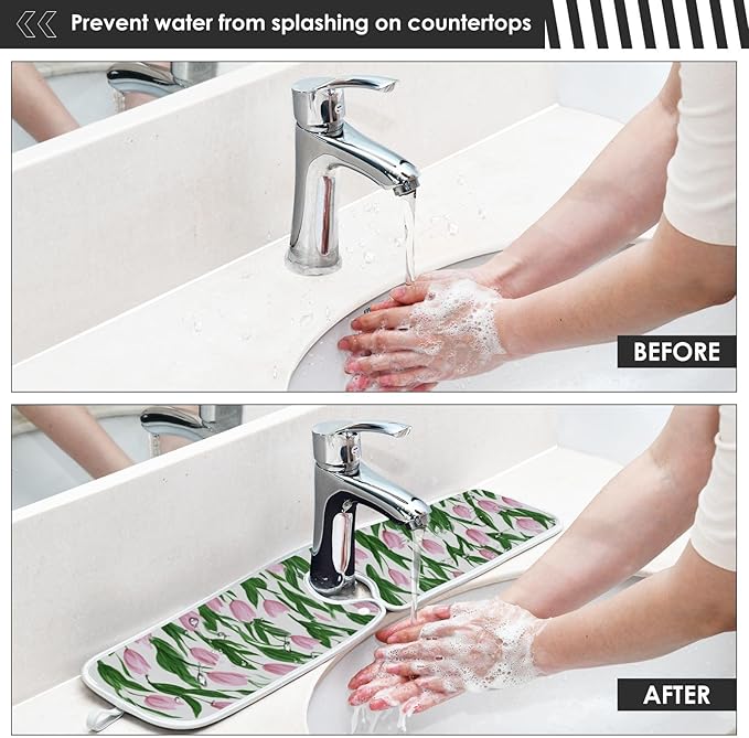 2 PCS Kitchen Sink Splash Guard 30 Inch Faucet Mat for Kitchen Sink Bathroom Sink Faucet Absorbing Drip Drain Mat Pad Microfiber Soft Washable Small Tulips Pink