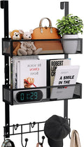 Consumest Over The Door Hooks Organizer - Extra Long Door Hanger with 9 Coat Hooks & 2 Mesh Basket, Back Storage Organizer Hanging Towels for Bathroom, Bedroom, Black (for 1.76 in Doors)
