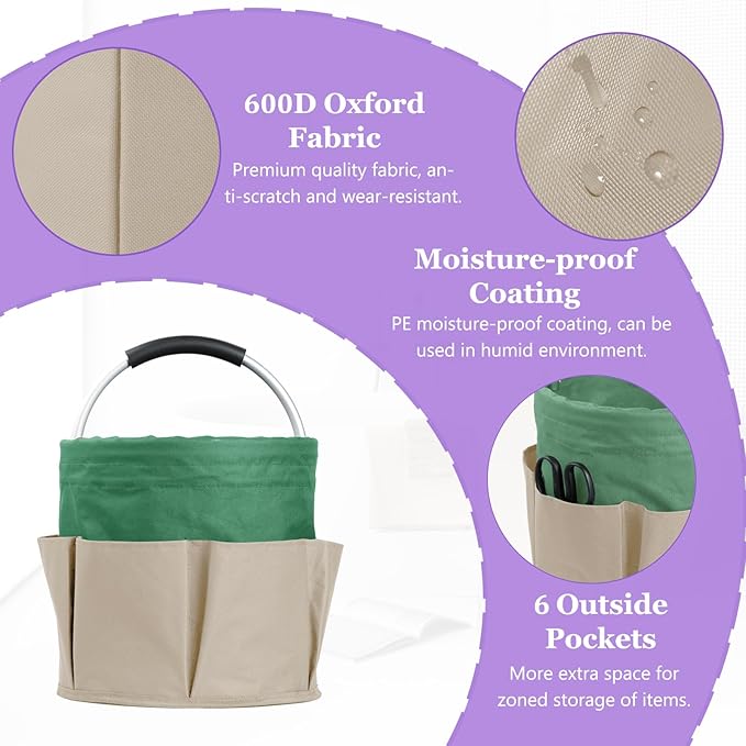 17L Caddy Organizer with Handle, Foldable Cleaning Supplies Caddy with 6 Pockets, 600D Oxford Cloth Tool Bag, Storage Organizer for Camping, Car Tool Storage, Gardening, Khaki with Green