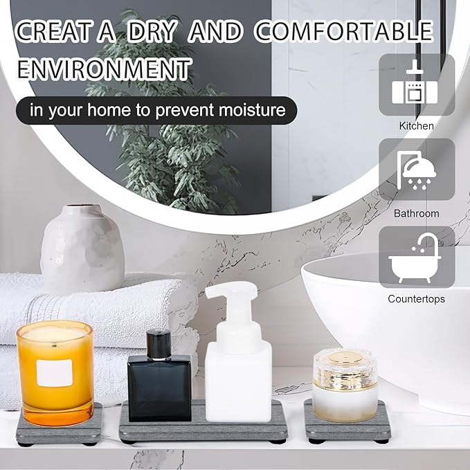 4PCS Stone Drying Trays for Bathroom Sink and Kitchen Counter - Water Absorbing Stone Tray with Diatomaceous Earth, Soap Dish and Coaster