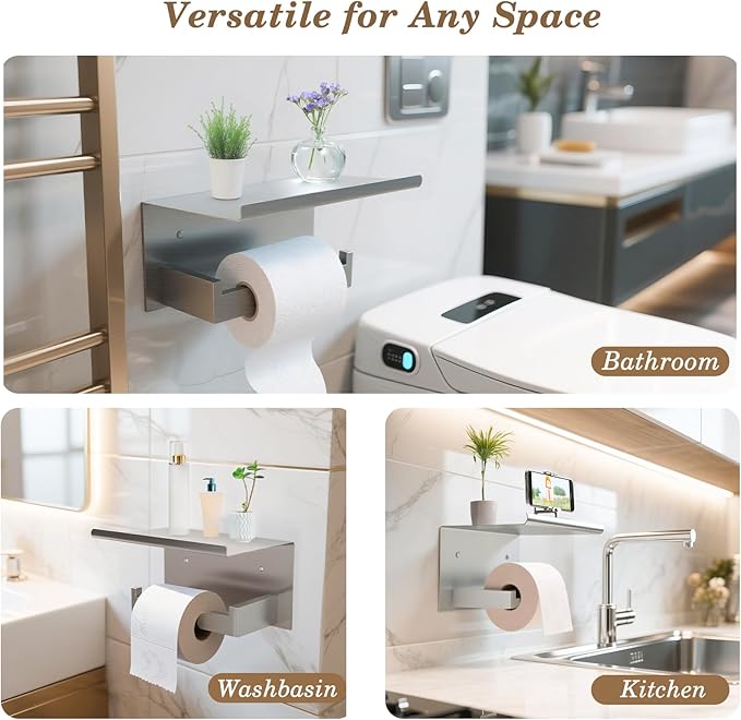 Wall Mounted Toilet Paper Holder with Shelf, Brushed Nickel Bathroom Tissue Roll Holder Storage Organizer for Phone, Book, Plant, Extra Roll, Easy Mount Hardware Included