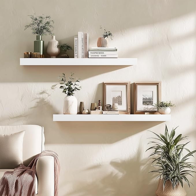 Floating Wall Shelves 30x6.8x1.7 Inch – Solid Wood Rustic Shelves in White Finish – Wall Mounted Heavy Duty Display Shelf for Kitchen, Bedroom, Living Room – Set of 2