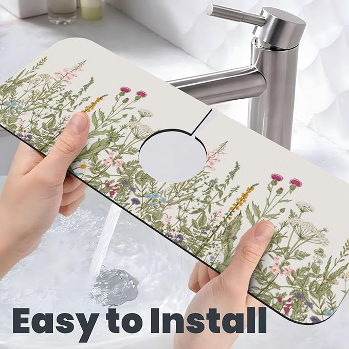 Vintage Color Plants Herbs Floral Kitchen Sink Splash Guard Faucet Mat 1 Pcs, Absorbent Fast Drying Mat Gadgets Splash Guard For Bathroom 15 X 5.5 Inches