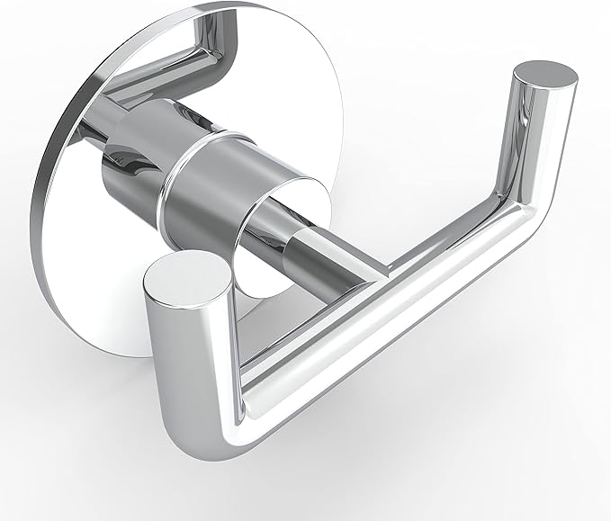 Ruacq Adhesive Double Towel Hook Chrome Round Base Bathroom Robe Self-Adhesive Towel Holder Hand Towel Hanger Stainless Steel and Zinc Alloy Modern Polished Chrome