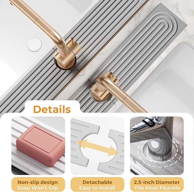 Diatomite Faucet Mat for Kitchen & Bathroom Sink Fast Drying Stone Splash Guard, Super Absorbent Sink Protector Prevents Moisture, Easy Clean Counter Tray (Gray, 23.6"x3.9")