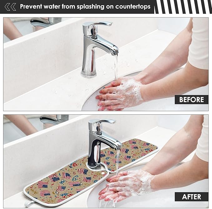 2 PCS Kitchen Sink Splash Guard 30 Inch Faucet Mat for Kitchen Sink Bathroom Sink Faucet Absorbing Drip Drain Mat Pad Microfiber Soft Washable Beige Patriotic Flags Fireworks