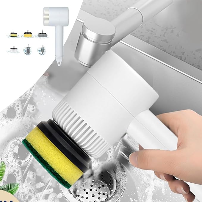 Electric Spin Scrubber, Electric Cleaning Brush with 6 Brush Heads, Rotating Head Powerful Spin Scrubbers, Multipurpose Electric Cleaning Brush for Kitchen Bathroom and Floor