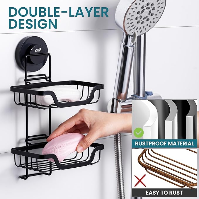 TAILI Soap Holder for Shower - Double Layer Soap Dish with Drain Holes, Rustproof Stainless Steel, Suction Cup Bath Organizer Keeps Sink & Shower Area Dry, Black