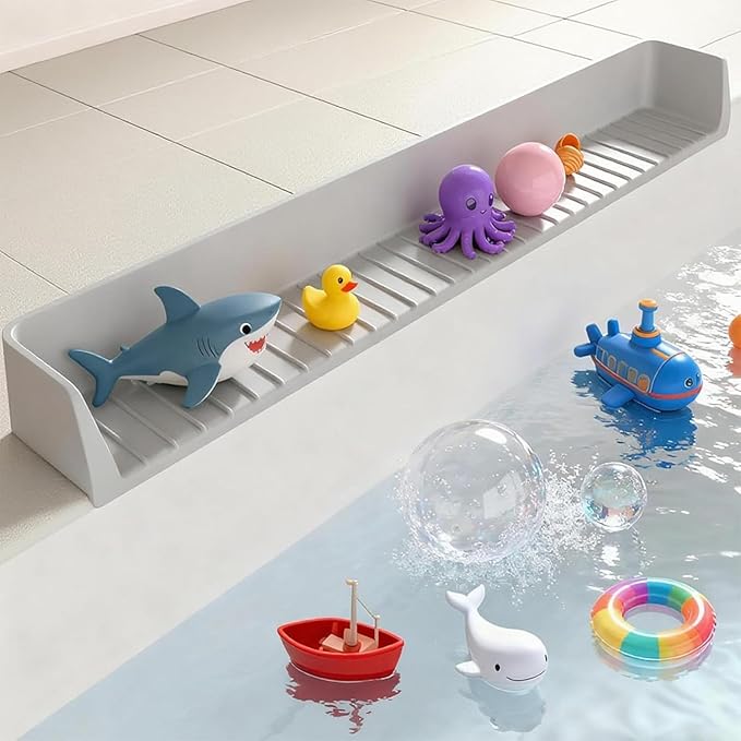 Longer Bath Tub Splash Guard for Kids,Silicone Bath Toy Holder for Bathtub,Bath Tub Play Shelf,Prevent Water Spills in Bathroom,Fun-Filled Bath Time for Toddlers(Grey) Including Free Bonuses