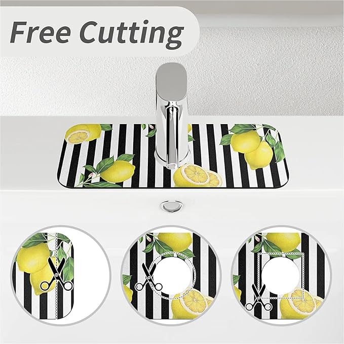 Kitchen Sink Splash Guard，Lemon and stripes Faucet Mat Sink Gadgets-Super Absorbent Fast Drying Mat Drip Catcher for Kitchen, Bathroom,Sink Mat, Dish Drying Mat, Bathroom(15" X 5.5" )