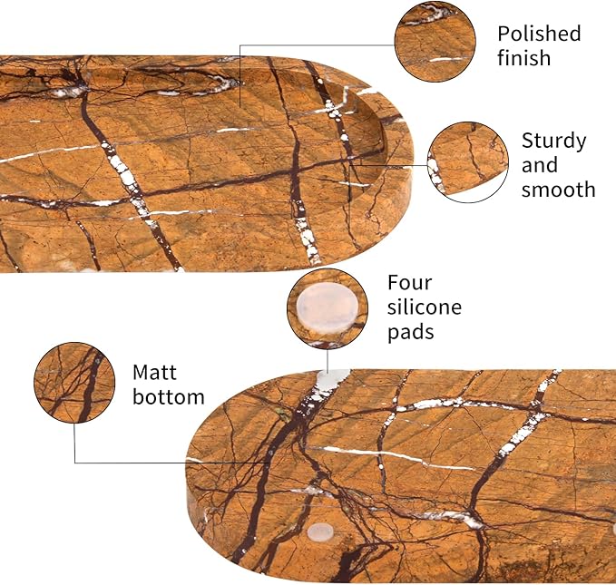 Oval Marble Bathroom Vanity Tray, Natural Luxury Marble Home Kitchen Bathroom Table Tray, Stone Decorative Countertop Serving Trays for Coffee Perfume Jewelry Makeup (Rainforest Brown, 10 * 5 * 0.6)