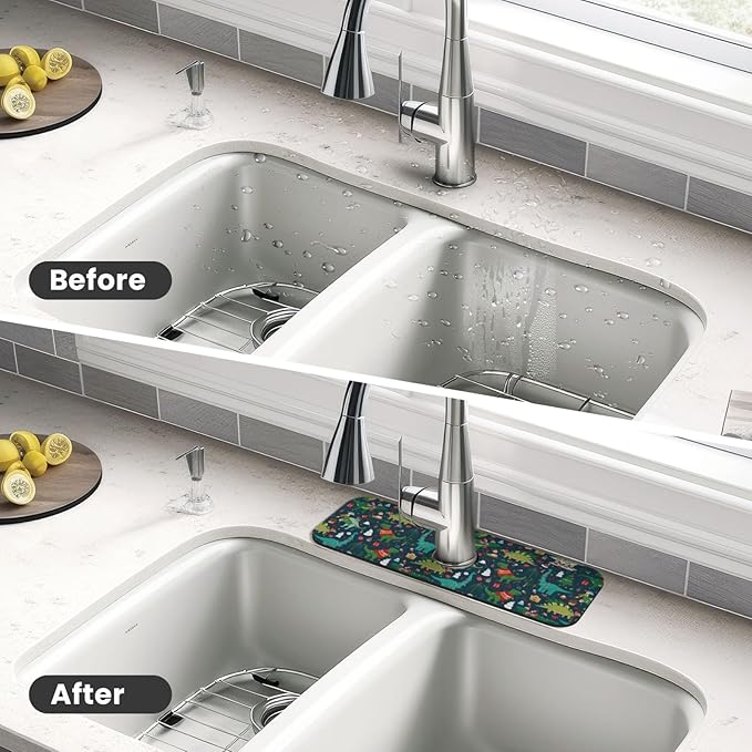 Christmas Dinosaur Tree Xmas Green Kitchen Sink Splash Guard Faucet Mat 1 Pcs, Absorbent Fast Drying Mat Gadgets Splash Guard For Bathroom 15 X 5.5 Inches