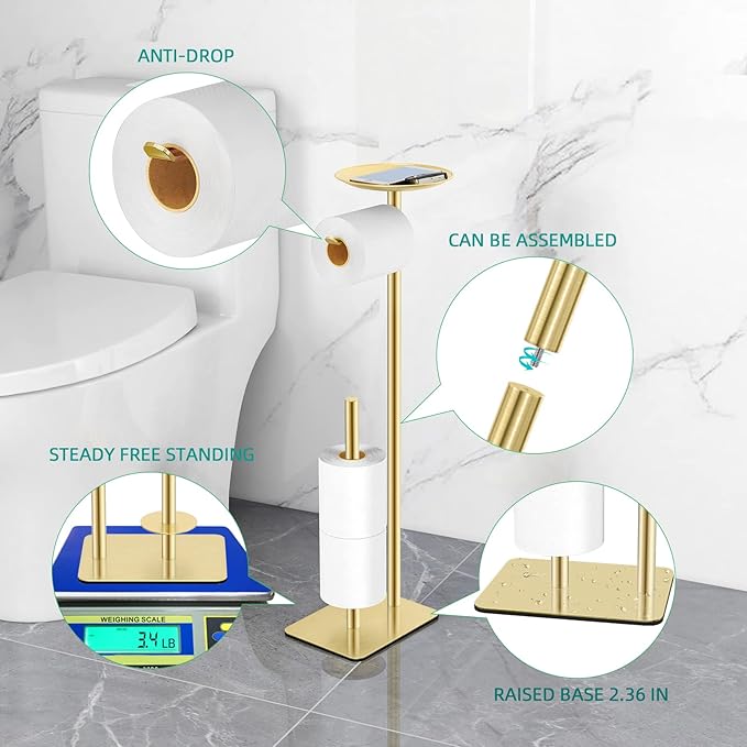 Toilet Paper Holder Stand for Bathroom Floor Standing Toilet Roll Dispenser Storages 4 Reserve Rolls, with Top Storage Shelf for Cell Phones, Wipe, Wallet and More(Gold)