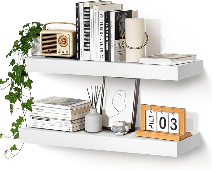 Floating Wall Shelves 24 x 6.8 x 1.7 Inch – Solid Wood Rustic Shelves in White Finish – Wall Mounted Display Shelf for Bathroom, Kitchen, Bedroom – Set of 2