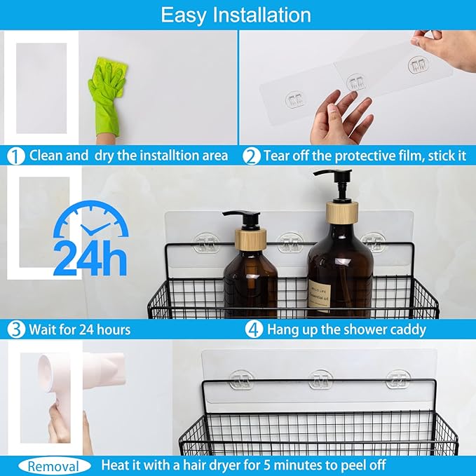15 Pack Shower Caddy Adhesive Replacement, No Drilling Shower Shelf Adhesive, Strong Caddy Sticker Hooks Replacement for Showers Shelves and Kitchen Racks Organizer