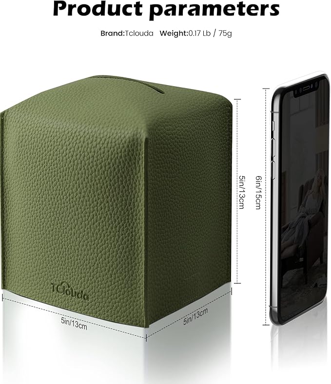 Tissue Box Cover for PU Leather, Modern Simple Solid Color Holder Square Tissue Bag, Ideal for Bathrooms,Office,Car,Nightstand,Outdoor Tent,Dining Table,5"X5"X5", Double Green