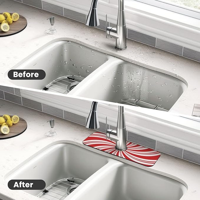 Red And White Candy Swirl Stripe Striped Mint Sugar Candy Cane Themed Kitchen Sink Splash Guard Faucet Mat Super Fast Drying Mat Sink Gadgets-Fast Drying Pad Sink Mat For Kitchen (15" X 5.5" )