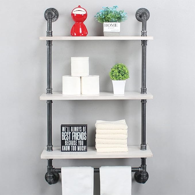 MBQQ Industrial Shelving,Bathroom Shelves with Towel bar,24in Rustic Metal Pipe Floating Shelves Pipe Wall Shelf,3 Tier Industrial Shelf Wall Mounted,Retro White