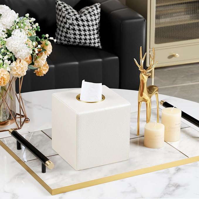 Square Tissue Box Cover, Luxury PU Leather Tissue Holder with Magnetic Closure (Beige)