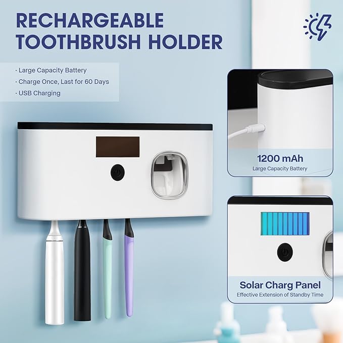 Toothbrush Sterilizer Holder Wall-Mounted | USB Rechargeable Automatic Toothpaste Dispenser, 5-Slot Bathroom Organizer with LED Display (Large)