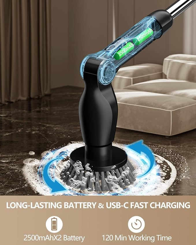 Leebein Electric Spin Scrubber, Cordless Cleaning Brush with 4 Adjustable Angles & 8 Replaceable Brush Heads, 2 Speeds & Remote Control, Long Handle Spin Scrubber for Bathroom Cleaning, Tub, Floor