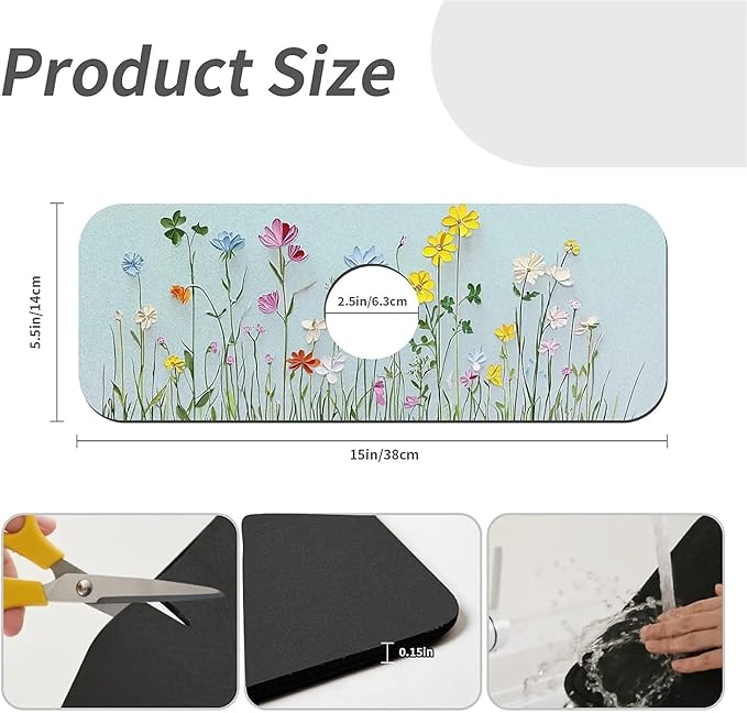 Kitchen Sink Splash Guard，Simple wildflowers Faucet Mat Sink Gadgets-Super Absorbent Fast Drying Mat Drip Catcher for Kitchen, Bathroom,Sink Mat, Dish Drying Mat, Bathroom(15" X 5.5" )