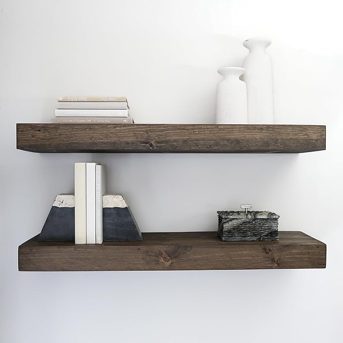 Urbandi Modern Floating Shelves 3 Inches Thick for Wall, Wide Shelves for Kitchen, Living Room, Bedroom, and Bathroom, Natural Pine Wood, Rustic Wooden Shelf, (Set of 2) (Jacobean, 60Lx3Hx6D)