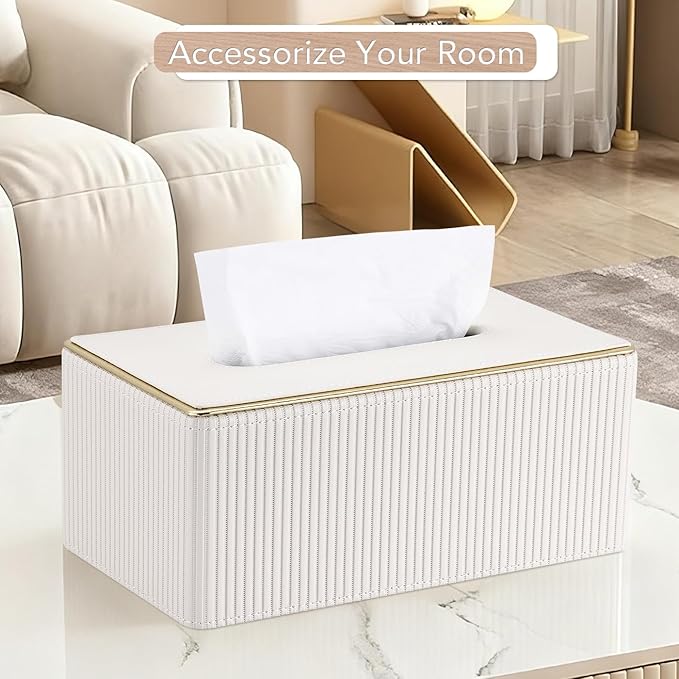 GORESE Rectangle Tissue Box Cover for Kleenex, PU Leather Tissue Box Holder, Rectangular Decorative Tissue Covers for 120(3-Ply)/160(2-Ply) Tissue Box, Cream White