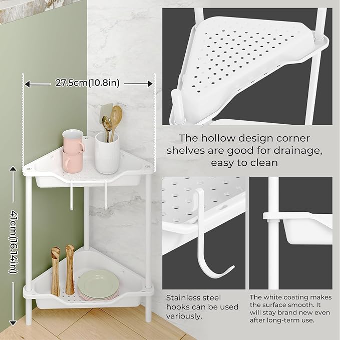 ODesign 2 Tier Floor Standing Corner Shower Caddy Organizer Plastic Metal Splicing Shelf Storage Rack for Bathroom White - Rustproof