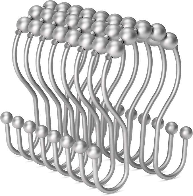 Shower Curtain Hooks Silver, Bathway Shower Curtain Rings Rust Proof, Shower Hooks for Shower Curtain Balanced Smooth Glide Double Shower Curtain Hooks, 12 Pcs
